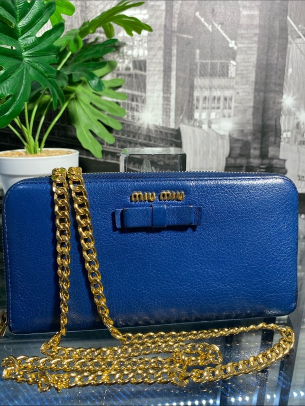 Authentic MIU MIU 💙 Bow Blue Leather Long Wallet in rich royal blue leather